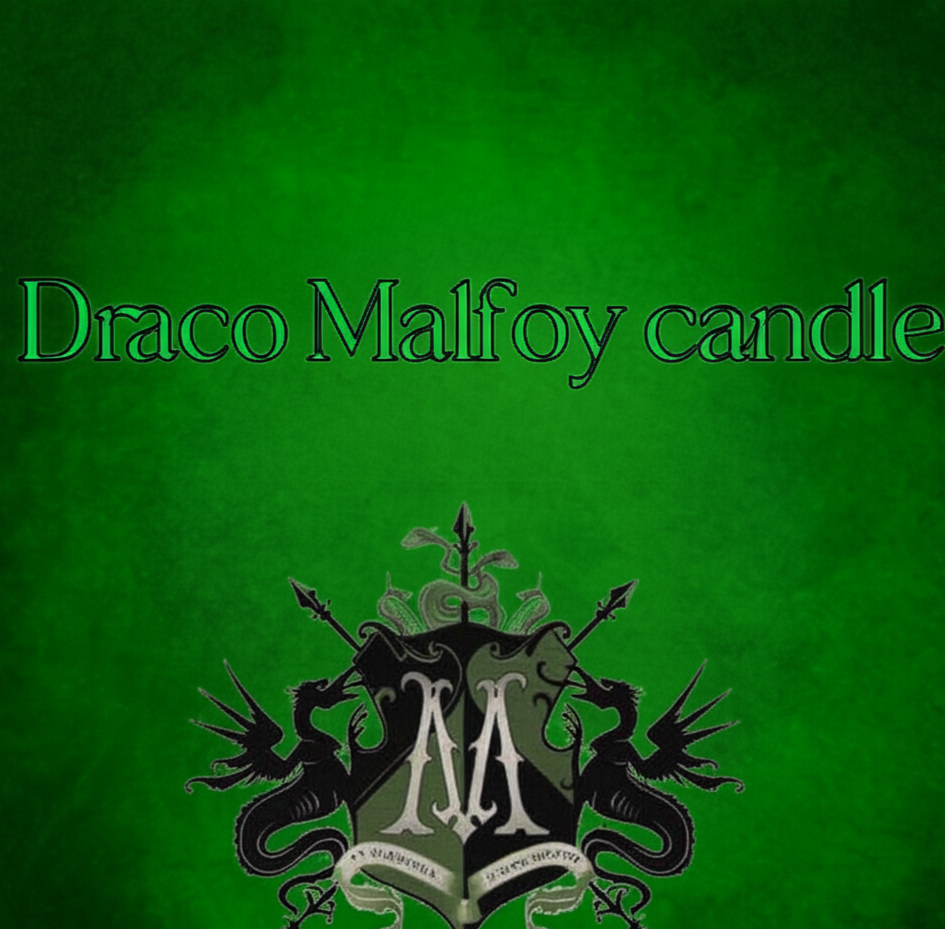 Green background with 'Draco Malfoy candle' text and a crest design.